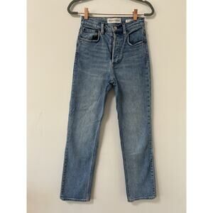 Denim Forum Aritzia Arlo High Rise Straight Leg Jeans Light Blue Button Fly 24